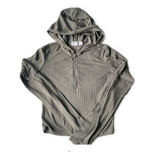 Ribbed Olive Green Zip Up Long Sleeve